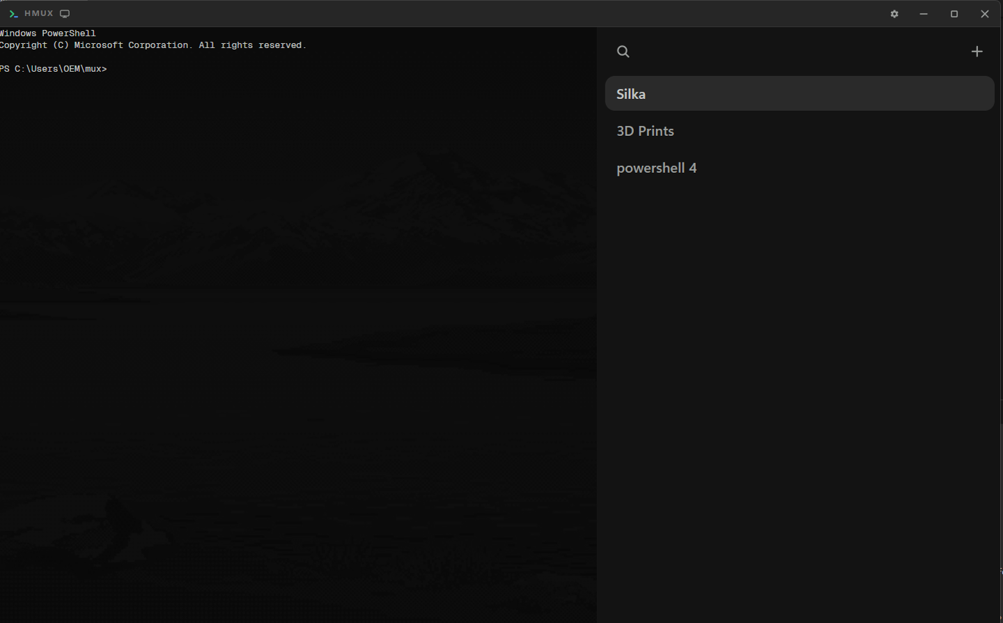 hmux running: a rail of terminals on the left, a live PowerShell session filling the window